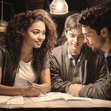 three college students sitting at a table working together