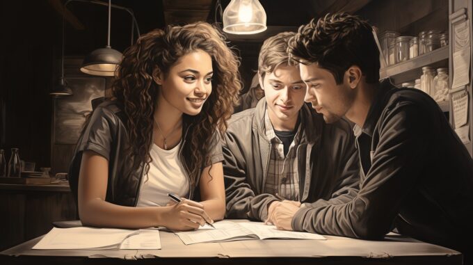 three college students sitting at a table working together