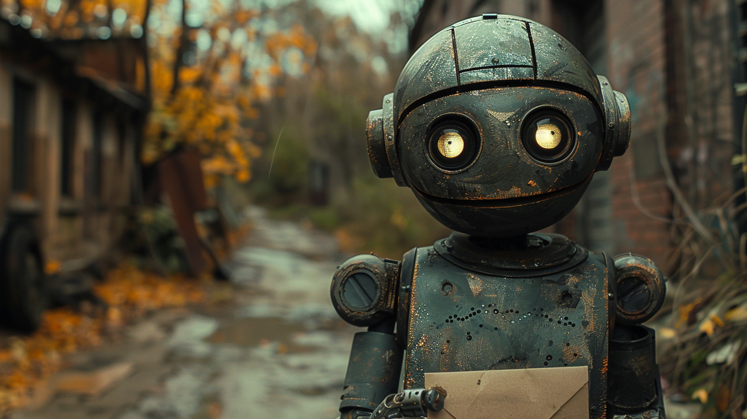 a friendly metallic robot holding a letter