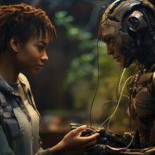 a robot and a black woman looking at each other holding hands