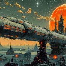 a 70s sci-fi styled poster of a retro looking city on an alien planet with an orange moon rising in the background