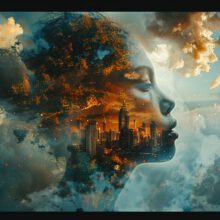 a composite image of a black woman's face and a city and clouds superimposed on it. prompt: "a wicked problem"