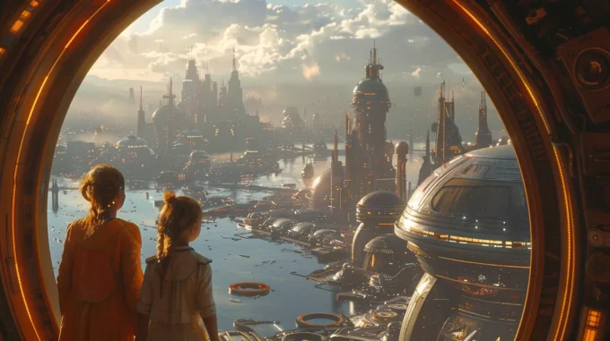 a futuristic city in the background and two white girls look into the horizon with hope