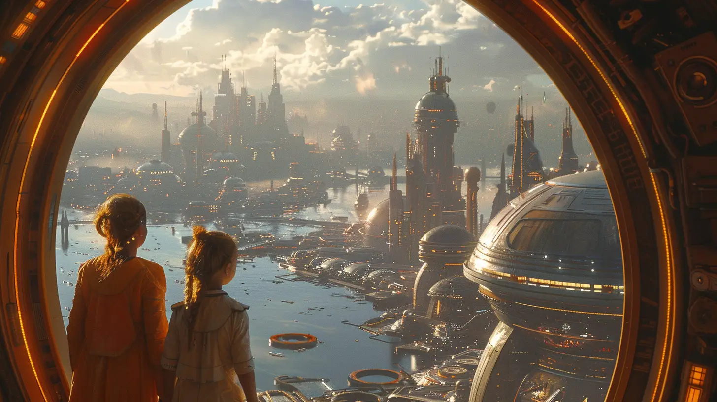 a futuristic city in the background and two white girls look into the horizon with hope