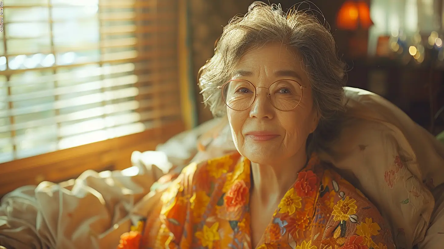 an asian older adult woman waking up in bed the morning