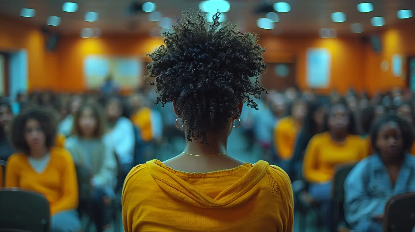a black woman college student presenting to a classroom of students